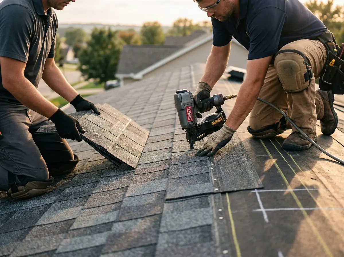 Professional roofer working on a residential roof in Paramount